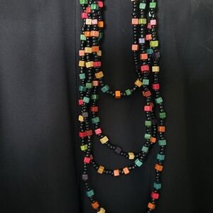 Set of 2 Extra-Long Seed Bead & Colorful Cube Necklaces – Layering Rope Style